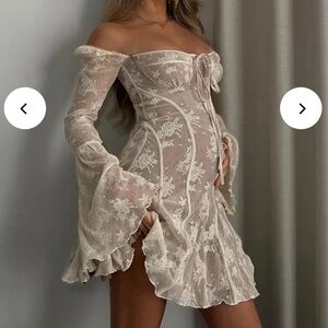 White lace off shoulder bow drawstring ruffle flare sleeve elegant dress